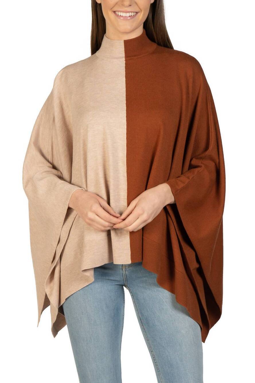 NEW LOVE TOKEN two-toned mock neck poncho in oatmeal/brick